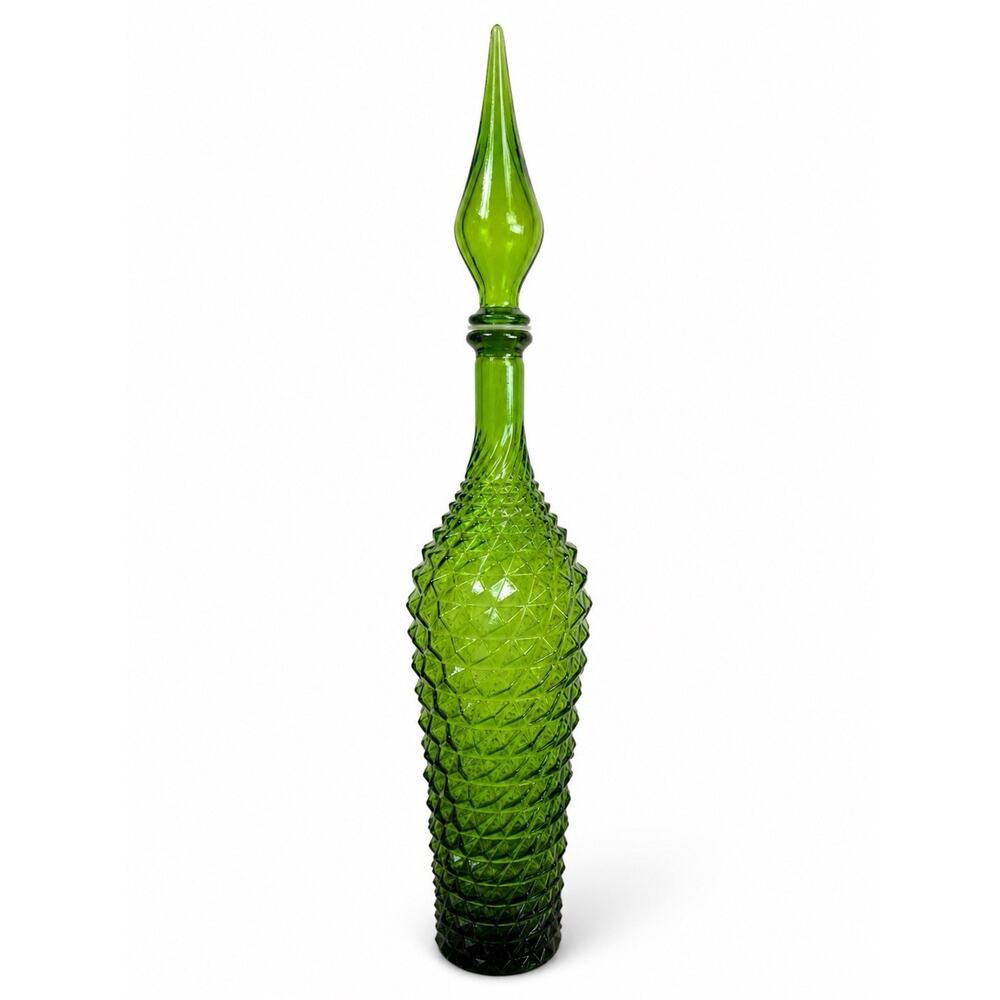 VTG Italian Empoli Green Glass Hobnail Genie Bottle Decanter W/ Stopper 22" MINT